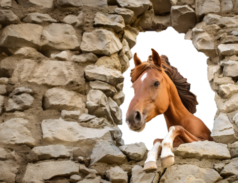 Horse mid-jump through a wall opening, isolated on transparent or white background, full clarity.
