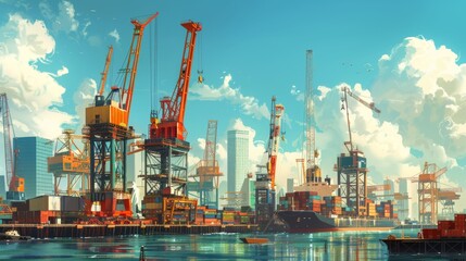 Obraz premium A bustling harbor scene with cranes loading and unloading cargo, creating a vibrant and industrious atmosphere.