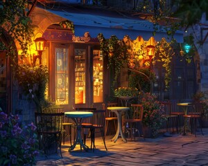 Obraz premium A cozy cafe with tables and chairs on the sidewalk at twilight. String lights illuminate the building and plants surround the entrance.