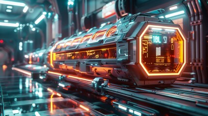 Fototapeta premium A futuristic train with glowing orange lights travels on a futuristic track. The train is sleek and modern, with a sleek design. It is a concept of future transportation.