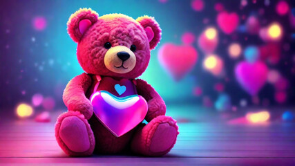 A romantic valentine's neon background a teddy with heart and rosess concept by teddy day