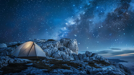 A lone tent pitched on a rocky outcrop, with a breathtaking view of a star-filled night sky.