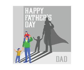 A father is like a superhero. Carrying and holding his children. Father's Day concept. Flat vector illustration.