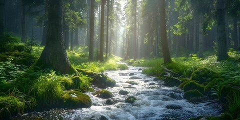 Serene Mountain Stream Flowing Through Lush Forest Landscape with Vibrant Sunlight Rays