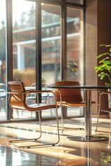 Fototapeta premium Office and tables of glass workplace interior for start or end of business