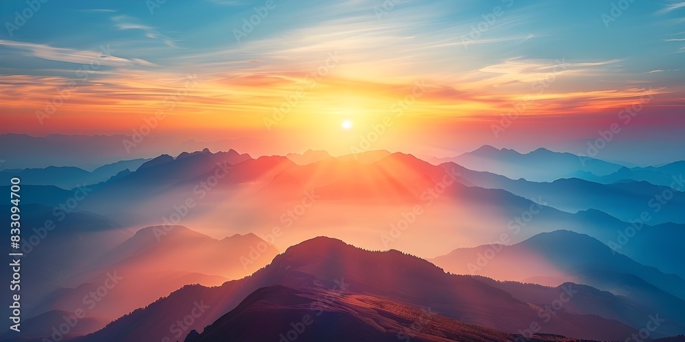 Sticker Sunset Illuminating Dramatic and Serene Mountain Landscape with Vibrant Colors and Natural Serenity