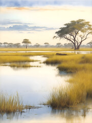 Fototapeta premium Okavango Delta Botswana Country Landscape Watercolor Illustration Art 