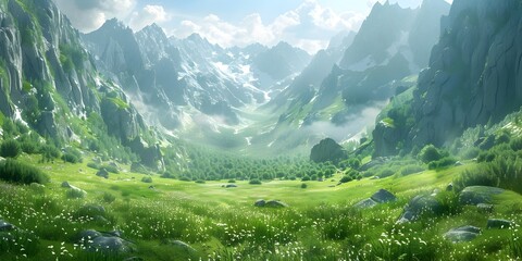 Majestic Mountainous Landscape with Lush Verdant Valley and Serene Atmosphere