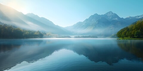 Tranquil Mountain Lake at Sunrise with Serene Reflections and Misty Atmosphere