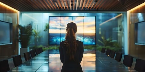 Confident Businesswoman Presenting in Sleek Conference Room with Panoramic Screens