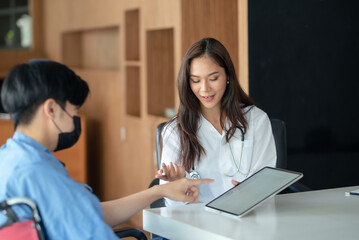 A doctor consults with a distressed male patient in a modern clinic, showcasing professional...