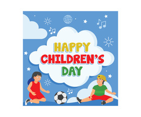 Boys and girls with cheerful faces playing ball together. Happy children day. Children Day concept. Flat vector illustration.
