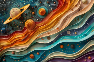 A detailed 3D papercut model of the solar system, featuring colorful planets and moons with layered depth and shadow, Papercut, Rich colors, Intricate details