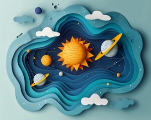 A whimsical 3D papercut solar system with planets orbiting the sun, each planet crafted with intricate layers, Papercut, Soft gradients, High contrast