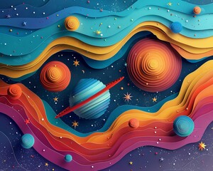 A 3D papercut style illustration of the solar system with each planet layered in vibrant colors, surrounded by stars, Papercut, Bright hues, Detailed textures