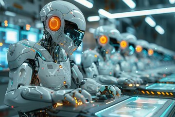 High-tech robots working on computers in a futuristic lab, showcasing advanced artificial intelligence and cutting-edge technology.