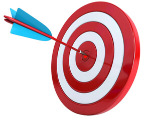 a red and white target with a blue arrow