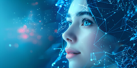"Tech Vision: Woman with Digital Interface ,  Future Technology: Integrating AI in Daily Life, a woman face featuring striking blue eyes The eyes are the focal point vivid