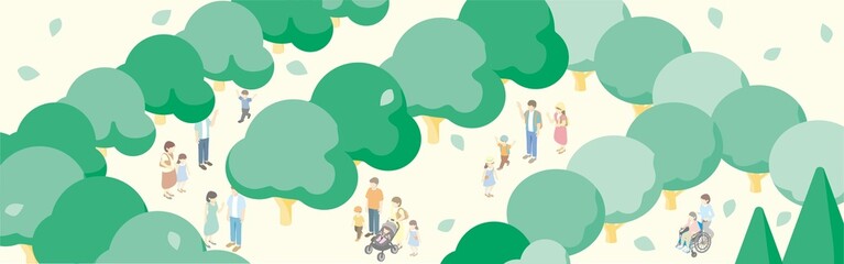 バナー　フレーム　アイソメトリック　家族　ファミリー　夏　人物　親子　ベビー　キッズ　イラスト　背景