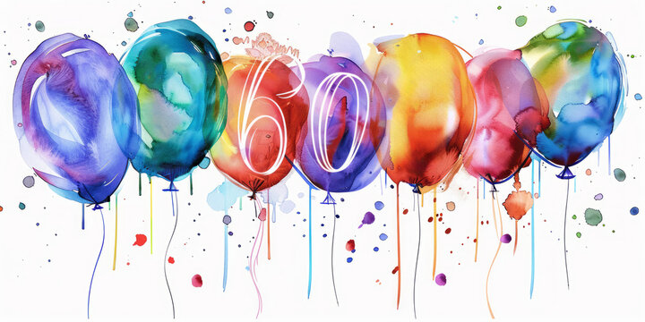 The number 60 written in watercolor, with balloons around it, on a white background.