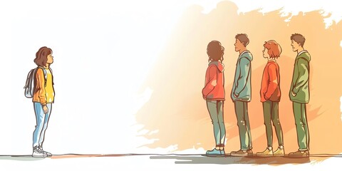 The image shows a group of people standing in a row, with one person standing apart from the group.