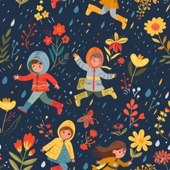seamless pattern of children wearing raincoats and colorful boots