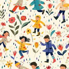 seamless pattern of children wearing raincoats and colorful boots