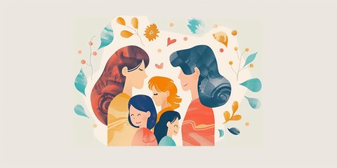 Fototapeta premium A colorful drawing of a family with a woman in the middle and two children on either side. The drawing conveys a sense of warmth and togetherness