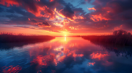 Fototapeta premium An ultra HD view of a nature delta at sunrise, the sky glowing with vibrant colors and the water reflecting the light