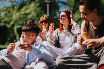 A group of friends relax and enjoy ice cream cones outdoors in a park on a sunny day, showcasing a moment of carefree enjoyment.