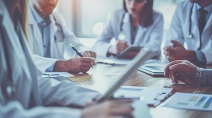 Medical team, doctors and meeting with a laptop for a discussion, planning or research at table. Men and women healthcare group talking about communication strategy, virus or surgery in a hospital