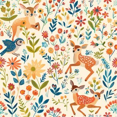 seamless pattern of playful woodland creatures