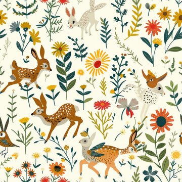seamless pattern of playful woodland creatures
