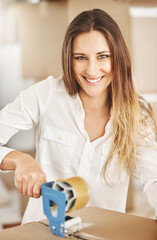 Portrait, new home and happy woman with tape for box, packaging and property investment for real estate. Seal, moving and person packing cardboard with tools for cargo storage or relocation to house