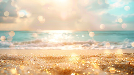 Sandy beach in golden hues under a pastel sky with bokeh lights,