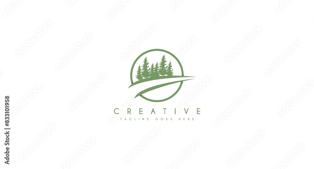 Wall mural Winding Road River with Pine tree Logo design vector illustration. - Wall murals