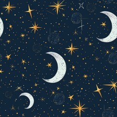 Naklejka premium seamless pattern of starry night sky with twinkling stars and a crescent moon