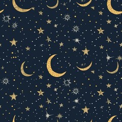 Naklejka premium seamless pattern of starry night sky with twinkling stars and a crescent moon