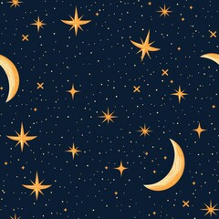 seamless pattern of starry night sky with twinkling stars and a crescent moon