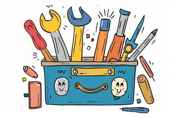 Cartoon cute doodles of a clay toolbox with tools popping out and a smiley face, Generative A