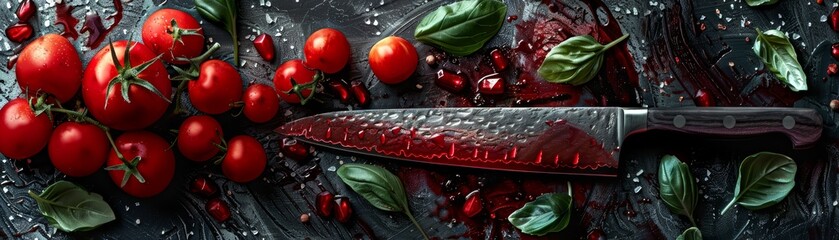 A close-up of a sharp knife resting on a bed of red tomatoes and green herbs. - Powered by Adobe