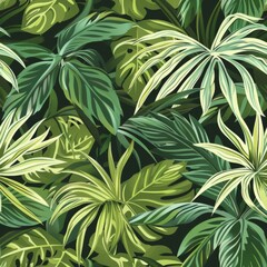 seamless pattern of tropical leaves in lush shades of green