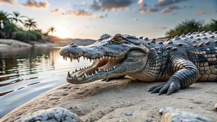 Fototapeta premium Crocodile on savanna at sunset