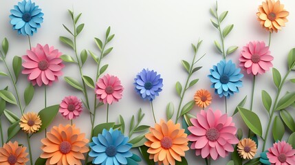 Colorful paper flowers and leaves on a white background.  A cheerful and vibrant spring or summer floral arrangement.