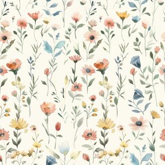 seamless pattern of watercolor wildflowers in a variety of colors