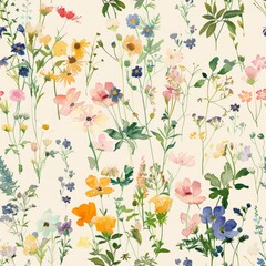 seamless pattern of watercolor wildflowers in a variety of colors