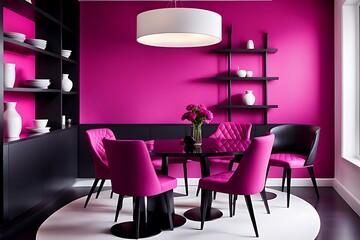  Dining room in white and accent pink colors chairs. Mauve and violet with black shelves details. Minimalistic trend design. Modern room with empty walls. Menu template or blank scene. 3d rendering 
