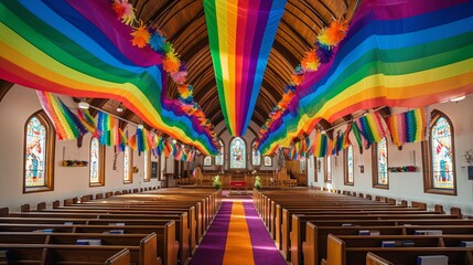 Celebrating Love and Acceptance: Peaceful Pride-Themed Church Service with Inclusive Decorations and Flags