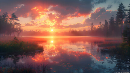 An ultra HD view of a nature peatland at sunrise, the sky glowing with vibrant colors and the water reflecting the light