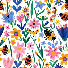 Obraz premium seamless pattern of friendly bugs with colorful flowers
